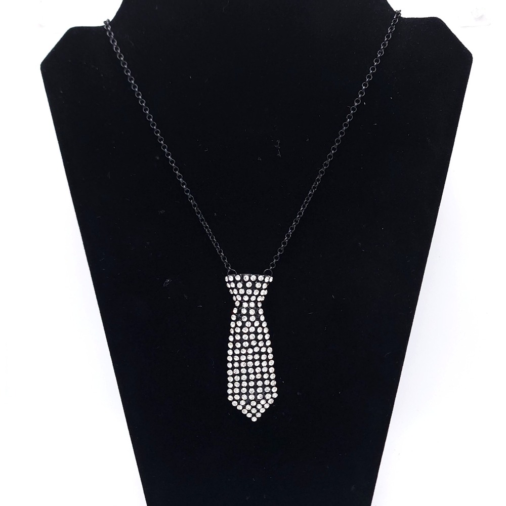 Charming Charlie Rhinestone Necktie Necklace Black Tone NWT